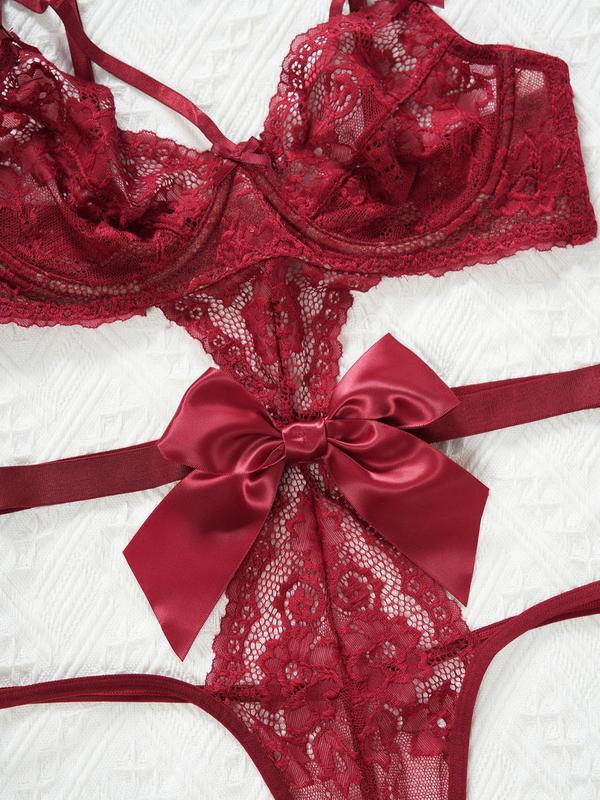 Women's Bow Decor Cut Out Sheer Lace Sexy Teddy Lingerie Bodysuit, Sexy Comfy Breathable Backless Cami Lingerie Bodysuit for Daily Wear, Women's Lingerie for All Seasons