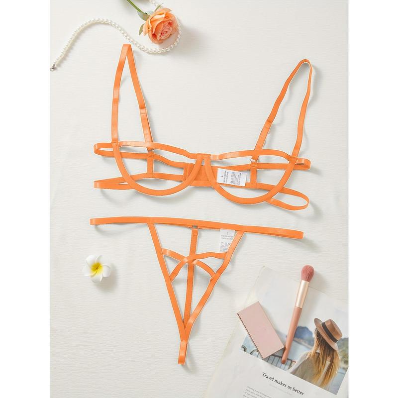 Sultry Hollow Out Lingerie Set - Thin Shoulder Straps, Push-Up Bra, Thong, Sexy Women's Intimates Clothing for Confidence Boost