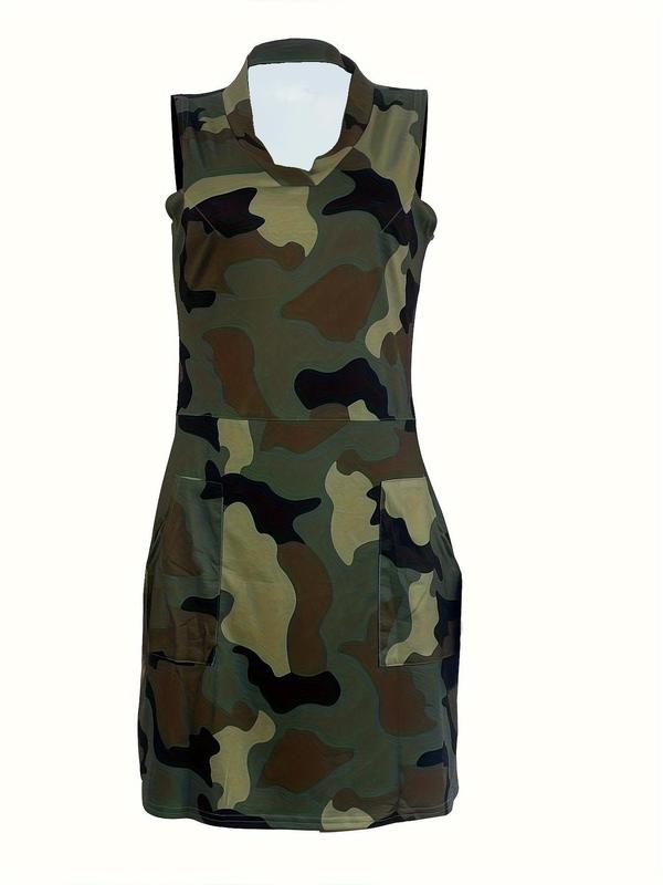 Women's Camo Print Pocket Tank Dress, Casual Sleeveless V Neck Short Dress for Daily Wear, Ladies Clothes for All Seasons