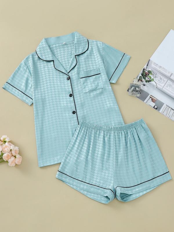 Two Counts Women's Contrast Binding Pocket Satin Pyjama Set, Casual Button Front Shirt & Elastic Waist Shorts, Summer Clothes Women, Pj Sets for Women, Comfort Homewear for Lady
