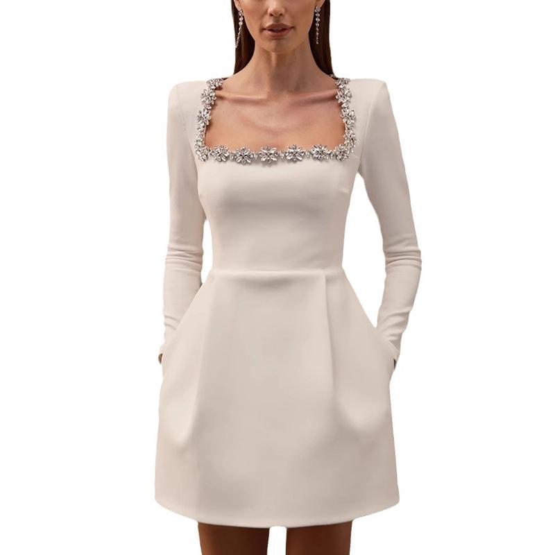Square Neck Long Sleeve Short Wedding Dresses for Brides Velvet Beaded Mini Prom Bridal Shower Gown Party Dress