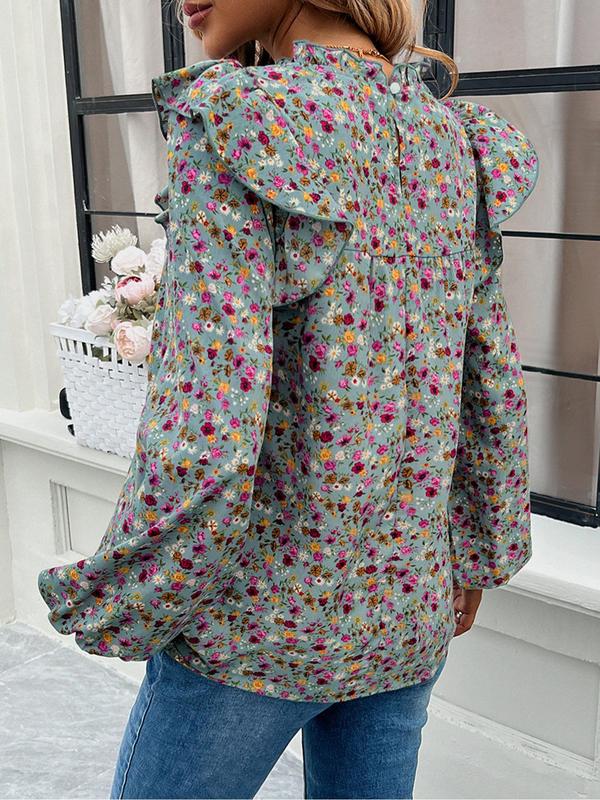 Women's Floral Print Ruffle Layered Sleeve Blouse, Boho Mock Neck Shirred Top for Summer, Women's Clothing for Daily Wear