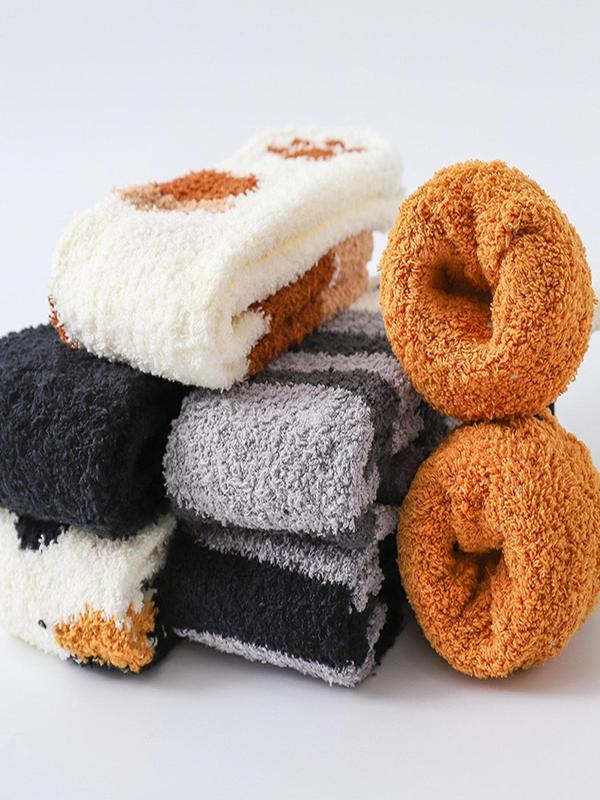 Women's Cartoon Cat Paw Print Fuzzy Socks, Cute Soft Comfy Mid-calf Socks for Fall & Winter, Women's Socks for Daily Wear