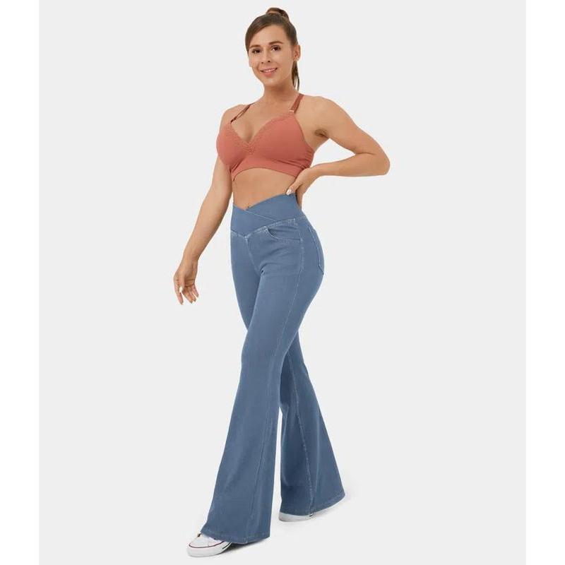 HalaraMagic High Waisted Crossover Pocket Cool Touch Washed Stretchy Knit Casual Super Flare Jeans