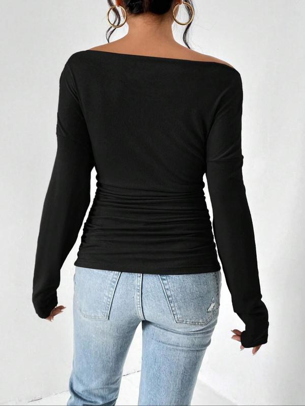 Women's Plain Ruched Off Shoulder Tee, Casual Asymmetrical Long Sleeve T-shirt for Spring & Fall, Women's Clothing for Daily Wear