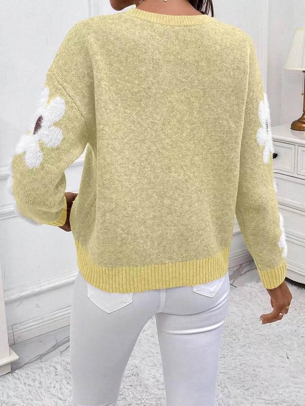 Women's Floral Print Drop Shoulder Sweater, Casual Long Sleeve Round Neck Jumper for Fall & Winter, Fashion Ladies' Knitwear for Daily Wear