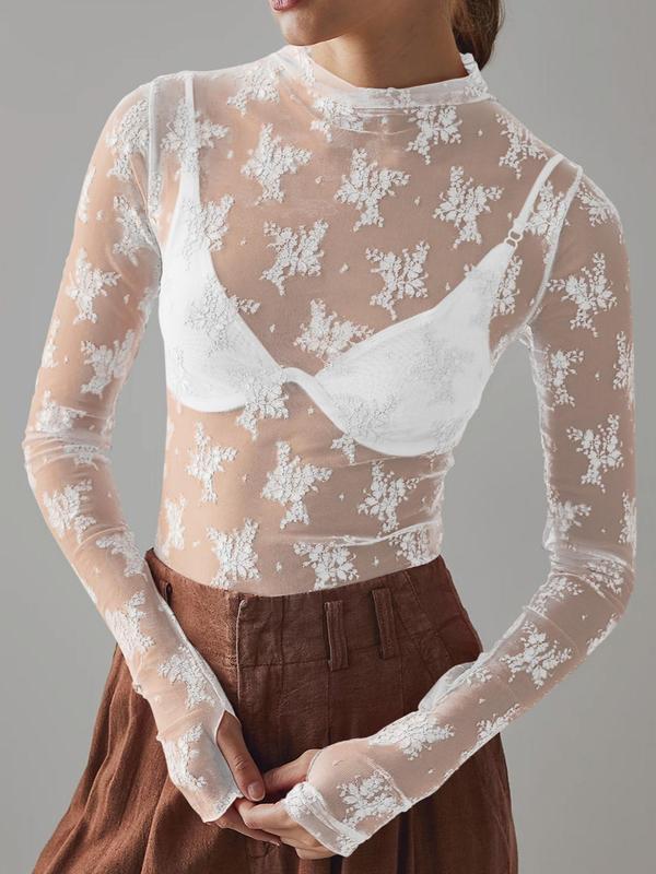  Floral Lace Sheer Lettuce Trim Tee, Long Sleeve Round Neck T-shirt for Women, Women's Clothing for Summer