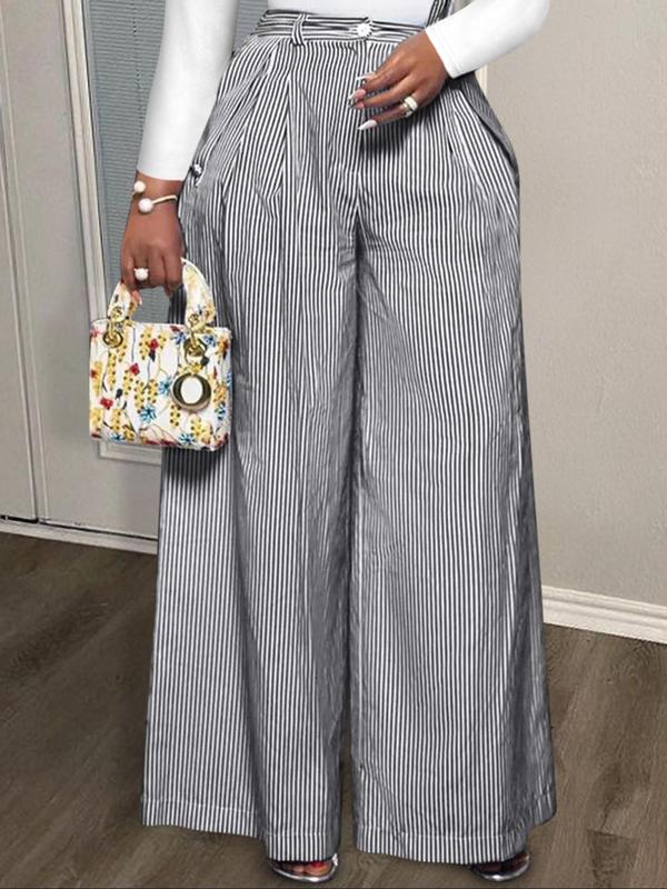  Striped Print Button Pocket Wide Leg Pants, Casual Comfy Trousers for Women, Women's Bottoms for Fall & Winter