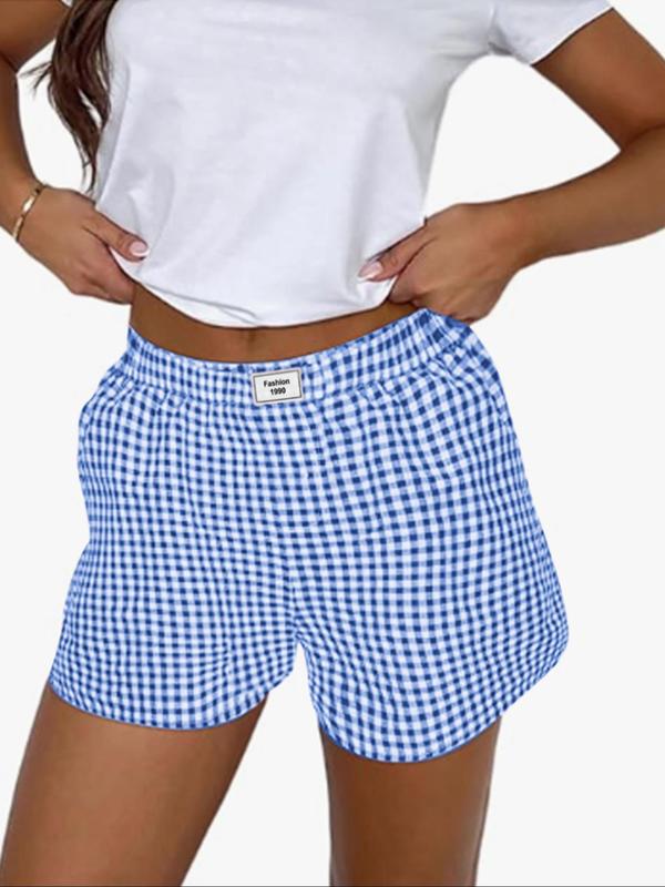 Women's Plaid Print Patched Wide Leg Shorts, Casual Pocket Elastic Waist Shorts for Daily Wear, Ladies Bottoms for All Seasons, Preppy 80s Clothes