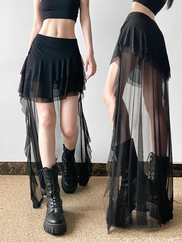 Women's Contrast Mesh Ruffle Hem Asymmetrical Layered Skirt, Street Fashion High Low High Waist Short Skirt for Daily Wear, Women's Bottoms for Summer