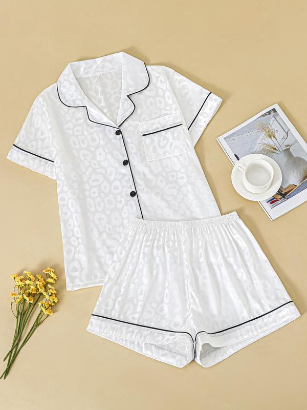 Two Counts Women's Contrast Binding Pocket Satin Pyjama Set, Casual Button Front Shirt & Elastic Waist Shorts, Summer Clothes Women, Pj Sets for Women, Comfort Homewear for Lady