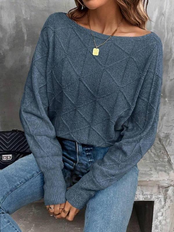 Women's Plain Textured Drop Shoulder Sweater, Casual Long Sleeve Boat Neck Jumper for Fall & Winter,  Fall Sweaters,  Fashion Ladies' Knitwear for Daily Wear