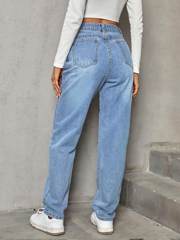 Women's Plain High Waist Straight Leg Vintage Jeans, Fashion Streetwear, Street Overlap Waist Pocket Denim Pants Mom Jeans for Daily Outdoor Wear, Ladies Bottoms for All Seasons, Fall Clothes