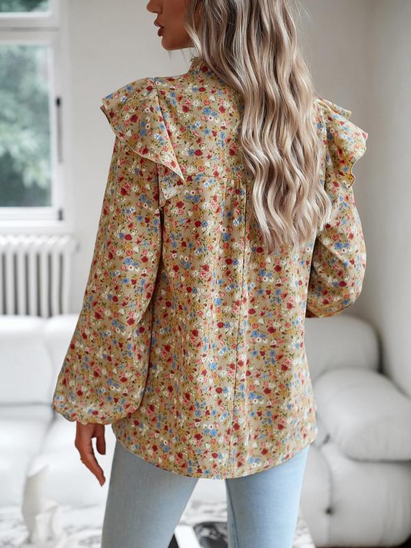 Women's Floral Print Ruffle Layered Sleeve Blouse, Boho Mock Neck Shirred Top for Summer, Women's Clothing for Daily Wear