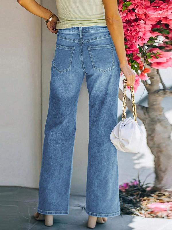 Women's Plain Pocket Wide Leg Jeans, Casual Street Comfy Denim Pants for Daily Wear, Ladies Bottoms for All Seasons