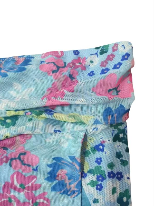 Women's Floral Print Asymmetrical Ruched Crop Tube Top, Casual 2000s Y2K Split Hem Backless Sleeveless Top for Summer, Bandeau Tops, Fashion Women's Top for Daily Wear