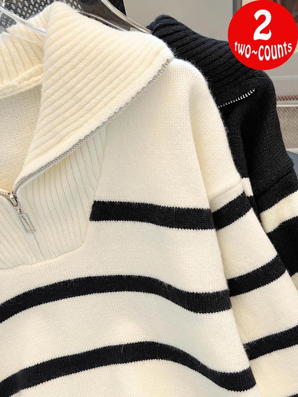 Women's Striped Print Half Zip Drop Shoulder Sweater, Casual Long Sleeve Jumper for Fall & Winter, Fashion Ladies' Knitwear for Daily Wear
