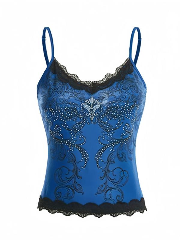 Women's Floral & Plants Print Rhinestone Decor Cami Top, 2000s Y2k Elegant Contrast Lace Adjustable Spaghetti Strap Top, Back-to-School Clothing, Women's Summer Top for Daily Wear, Tank Tops for Women, Experimental Outfits