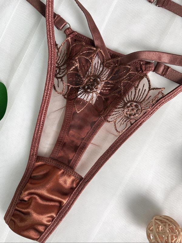 Women's Floral Embroidery Bra & Sheer Thong Two-piece Set, Adjustable Strap Underwire Bra & Panty Set, Lingerie Set for Women