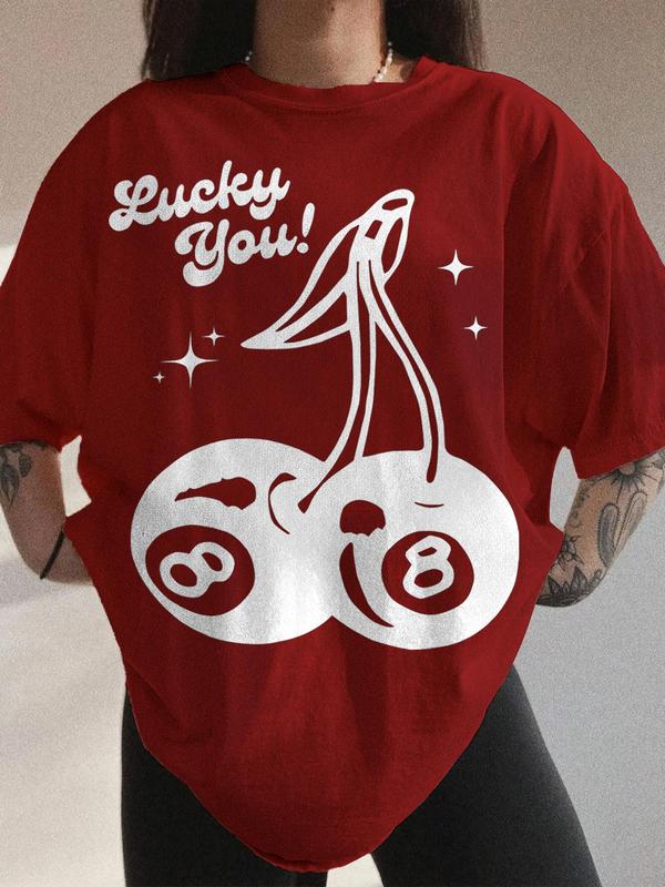 Women's Cherry & Letter Print Drop Shoulder Tee, Casual Half Sleeve Round Neck T-shirt for Summer, Women's Top for Daily Wear