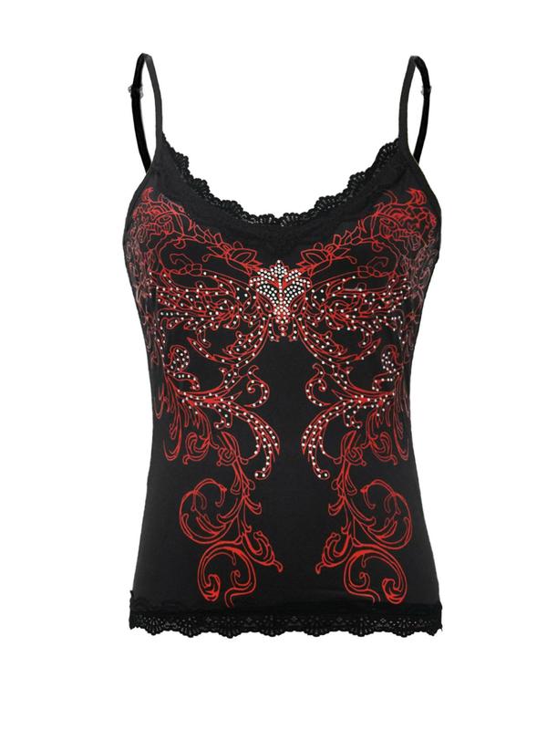 Women's Floral & Plants Print Rhinestone Decor Cami Top, 2000s Y2k Elegant Contrast Lace Adjustable Spaghetti Strap Top, Back-to-School Clothing, Women's Summer Top for Daily Wear, Tank Tops for Women, Experimental Outfits