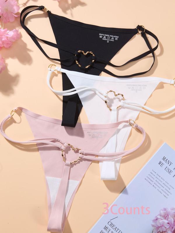 Women's Heart Decor O-ring Sexy Thong, Soft Comfy Breathable Drop Waist Panty for Daily Wear, Women's Underwear for All Seasons