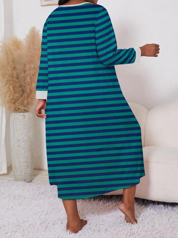  Striped Print Notched Neck Button Front Nightdress, Casual Long Sleeve Nightgown, Women's Sleepwear for Spring & Fall