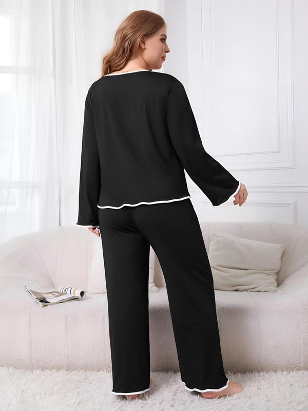 Plus Size Contrast Binding Pyjama Set, Casual Button Front Top & Wide Leg Pants, Women Plus Sleepwear & Loungewear, Fall Wear, Fallfreshness