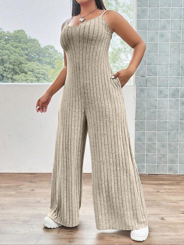  Solid Pocket Ribbed Cami Jumpsuit, Casual Sleeveless Jumpsuit for Summer, Women's Clothing for Daily Wear