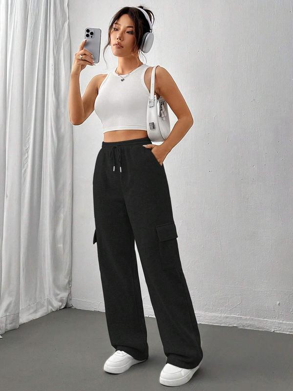 Women's Solid Drawstring Waist Sweatpants, Casual Pocket Pants for Fall & Winter, Women's Trousers for Daily Wear