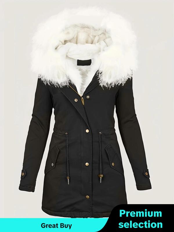 Women's Contrast Faux Fur Trim Drawstring Button Front Quilted Hooded Coat , Casual Long Sleeve Pocket Zipper Outerwear for Fall & Winter, Women's Clothing for Daily Wear
