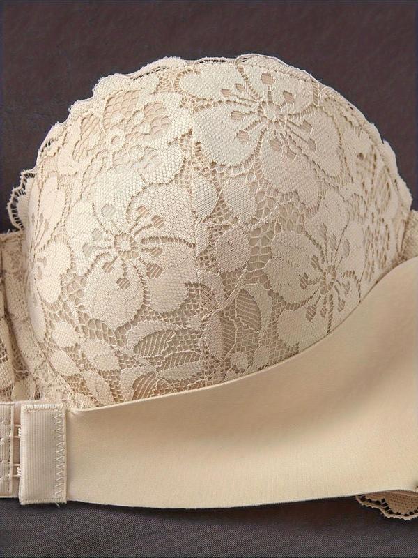 Women's Floral Lace Push Up Bandeau  Bra with Transparent Strap, Soft Comfortable Breathable Buckle Front Bra, Lingerie for All Seasons