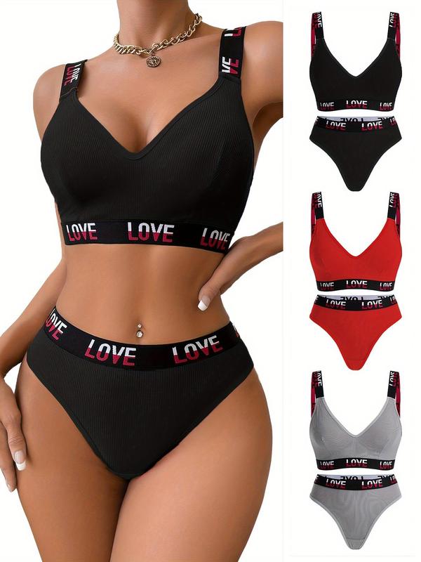 Women's Letter Print Wireless Bra & Panty Set, Push Up Bra & Panty Set, Soft Comfy Breathable Underwear Set for Women