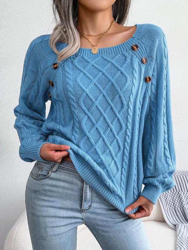 Women's Solid Textured Fake Buttons Raglan Sleeve Crewneck Sweater for Spring, Casual Round Neck Long Sleeves Knitting Jumper, Fall Clothes, Downtown Girl Clothes