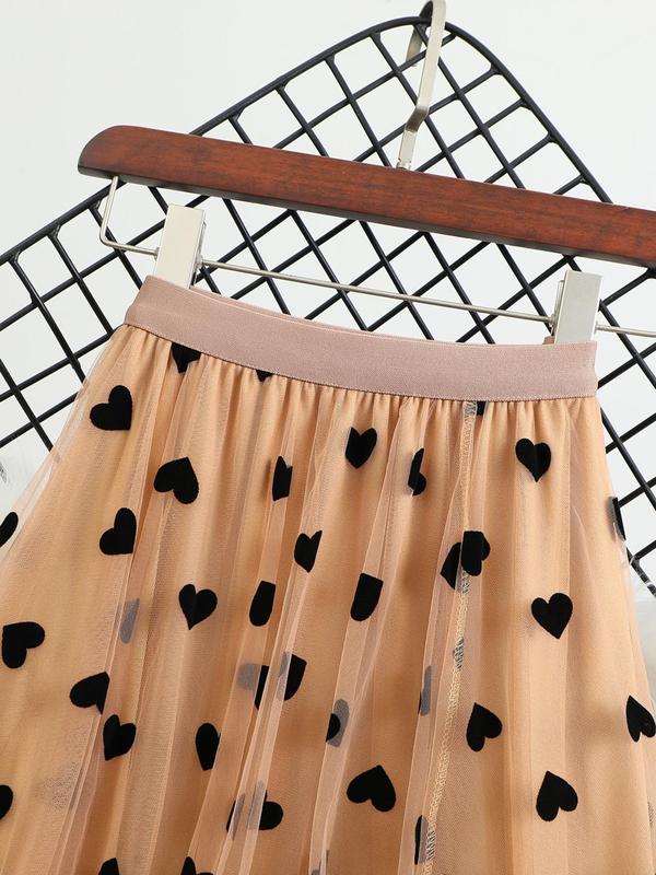 Women's All Over Heart Print Tulle Skirt, Fashion Casual Skirt for Daily Outdoor Wear, Ladies Bottoms for All Seasons