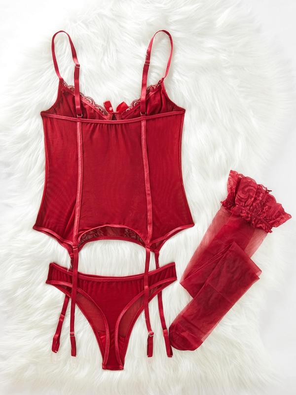 Women's Contrast Lace Sexy Teddy Lingerie Set, Romantic Bow Decor Bra & Thong & 1 Pair Stocking Set, Women's Lingerie & Underwear for All Seasons