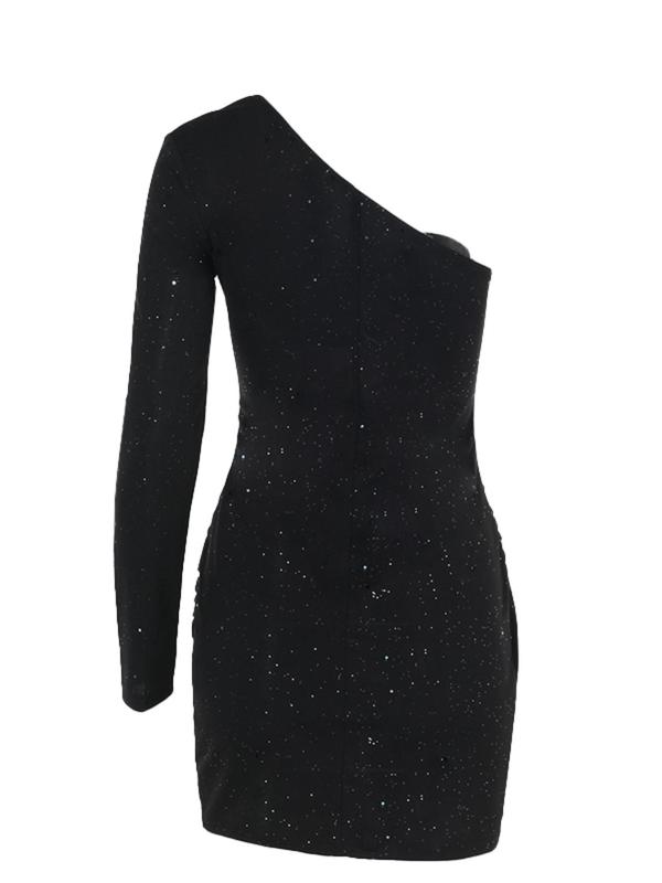 Women's Glitter Ruched Wrap One Shoulder Bodycon Dress, Elegant Asymmetrical Sleeve Short Dress for Party Club Dating Wear, Women's Clothing for Fall & Winter