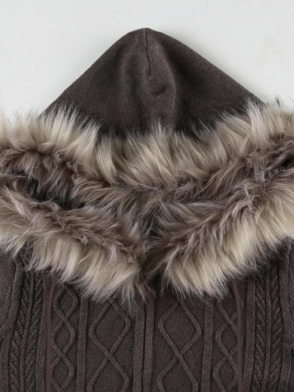 Women's Contrast Faux Fur Hooded Sweater Cardigan, Casual Long Sleeve Zip Up Jumper Cardigan for Fall & Winter, Fashion Ladies' Knit Clothing for Daily Wear