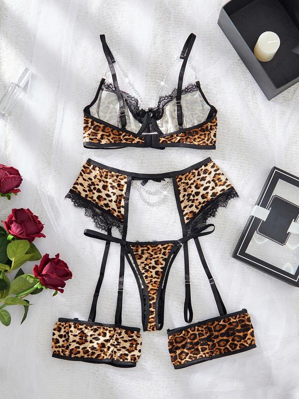 Women's Leopard Print Contrast Lace Sexy Lingerie Three-piece Set, Adjustable Strap  Chain Linked Bra & Bow Decor Garter Belt & Thong Set, Lingerie Set for Women
