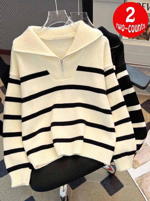 Women's Striped Print Half Zip Drop Shoulder Sweater, Casual Long Sleeve Jumper for Fall & Winter, Fashion Ladies' Knitwear for Daily Wear