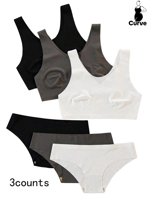Plus Size Women's Plain Underwear Set, Casual Buckleless Wireless Bra & Knicker, Plus Size Lingerie for All Seasons