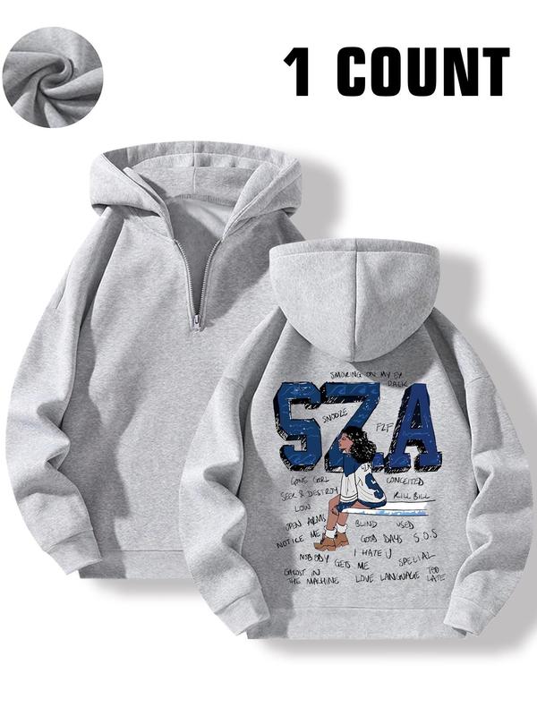 Women's Cartoon Figure & Letter Print Half Zip Hoodie, Casual Drop Shoulder Long Sleeve Hooded Sweatshirt for Spring & Fall & Winter, Women's Clothes for Daily Wear Going Out Tops 2000S
