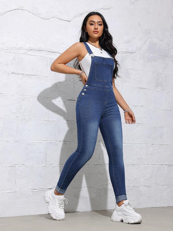 Women's Plain High Waist Skinny Denim Overalls, Casual Pocket Button Overall Jumpsuit for Daily Wear, Jeans for Women, Ladies Bottoms for All Seasons, Pants