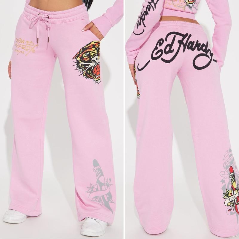 ED HARDY “TIGER ROAR” PINK FLARE PANTS Flared Womenswear women's bottom y2k wide leg loose wide