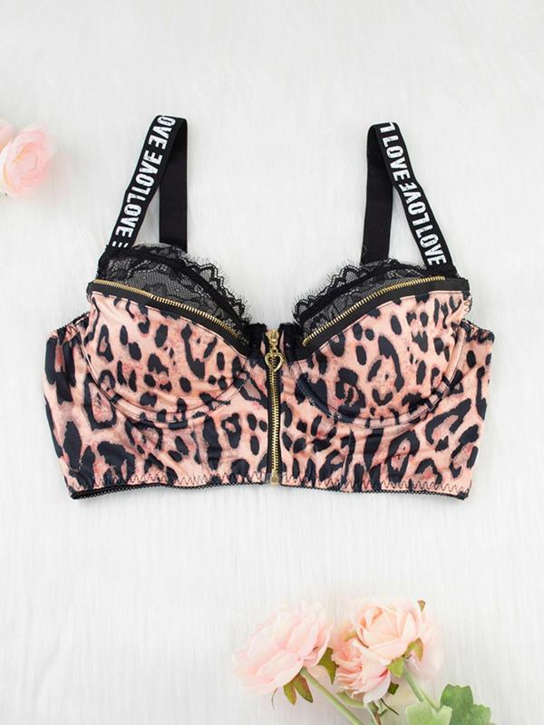 Women's Leopard Print Letter Tape Underwear Set, Contrast Lace Zipper Push Up Bra & Thong Set, Lingerie Set for Ladies