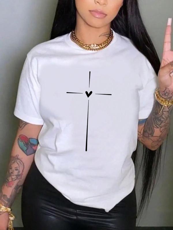 Women's Cross & Heart Print Round Neck Tee, Graphic Tees Women, Fashion Casual Crew Neck Short Sleeve T-shirt for Daily Wear, Vintage Graphic Tees, Ladies Clothes for All Seasons