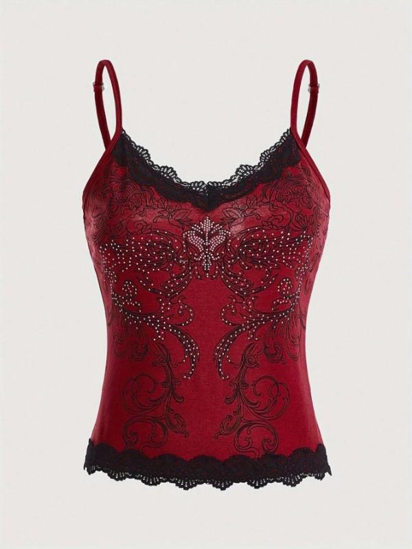 Women's Floral & Plants Print Rhinestone Decor Cami Top, 2000s Y2k Elegant Contrast Lace Adjustable Spaghetti Strap Top, Back-to-School Clothing, Women's Summer Top for Daily Wear, Tank Tops for Women, Experimental Outfits