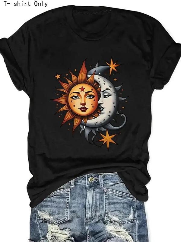 Women's Cartoon Sun & Moon Print Round Neck Graphic Tee, Trendy Casual Short Sleeve T-shirt for Daily Wear, Graphic Tees, Lady Summer Outfits 2024
