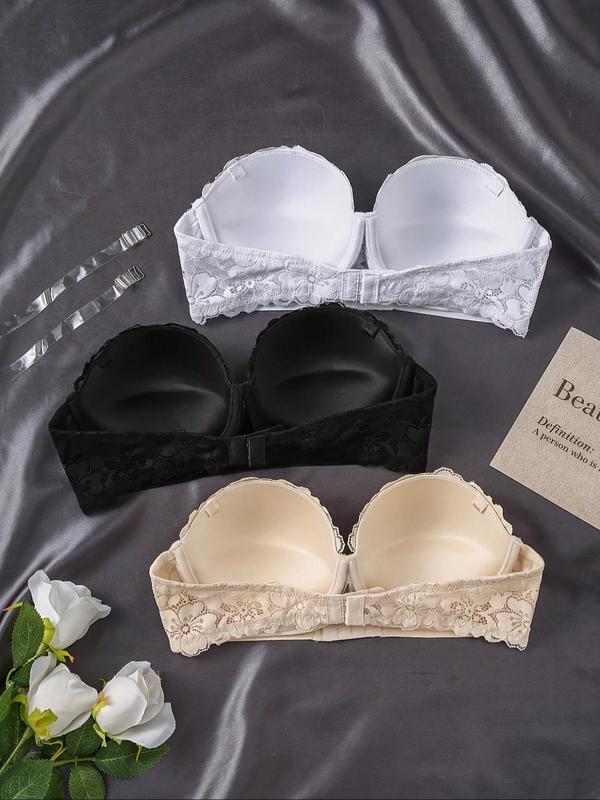 Women's Floral Lace Push Up Bandeau  Bra with Transparent Strap, Soft Comfortable Breathable Buckle Front Bra, Lingerie for All Seasons