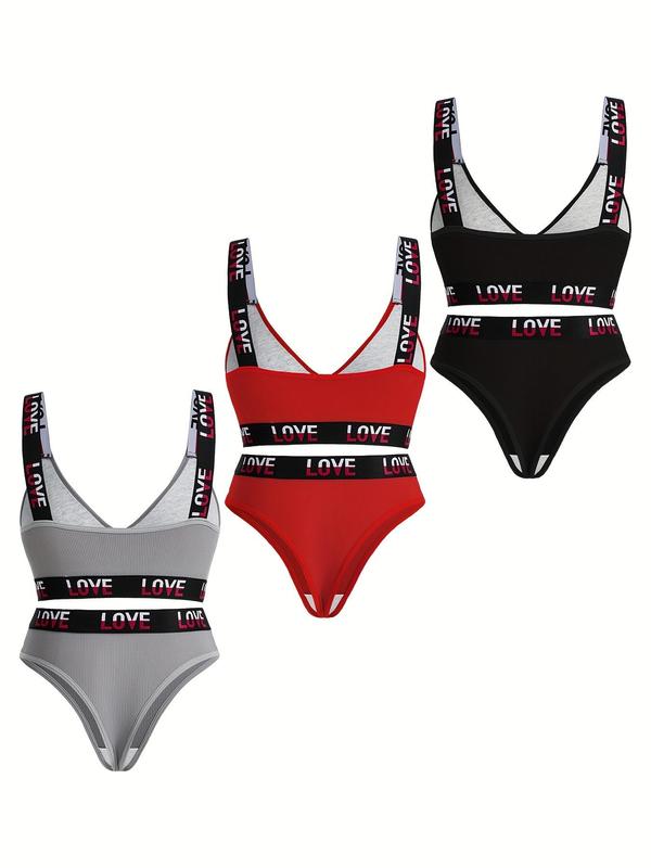 Women's Letter Print Wireless Bra & Panty Set, Push Up Bra & Panty Set, Soft Comfy Breathable Underwear Set for Women